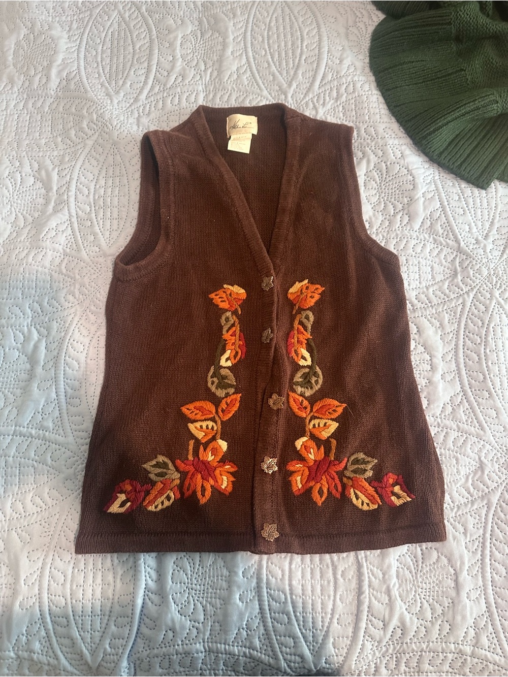 Brown Embroidered Fall Leaf Knit Vest